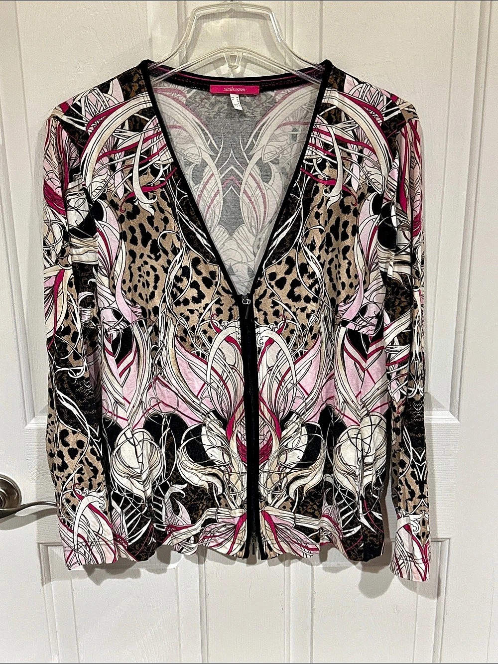 Steilmann Printed Zip Front Black & Pink Top Size 14 bl5